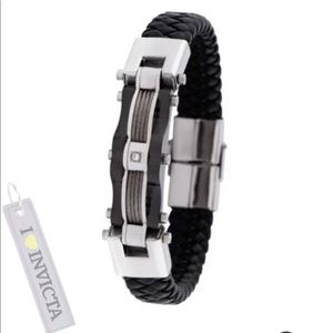 NWOT Invicta Men's 8.75” Titanium & Braided Leather Bracelet & Canvas Keychain